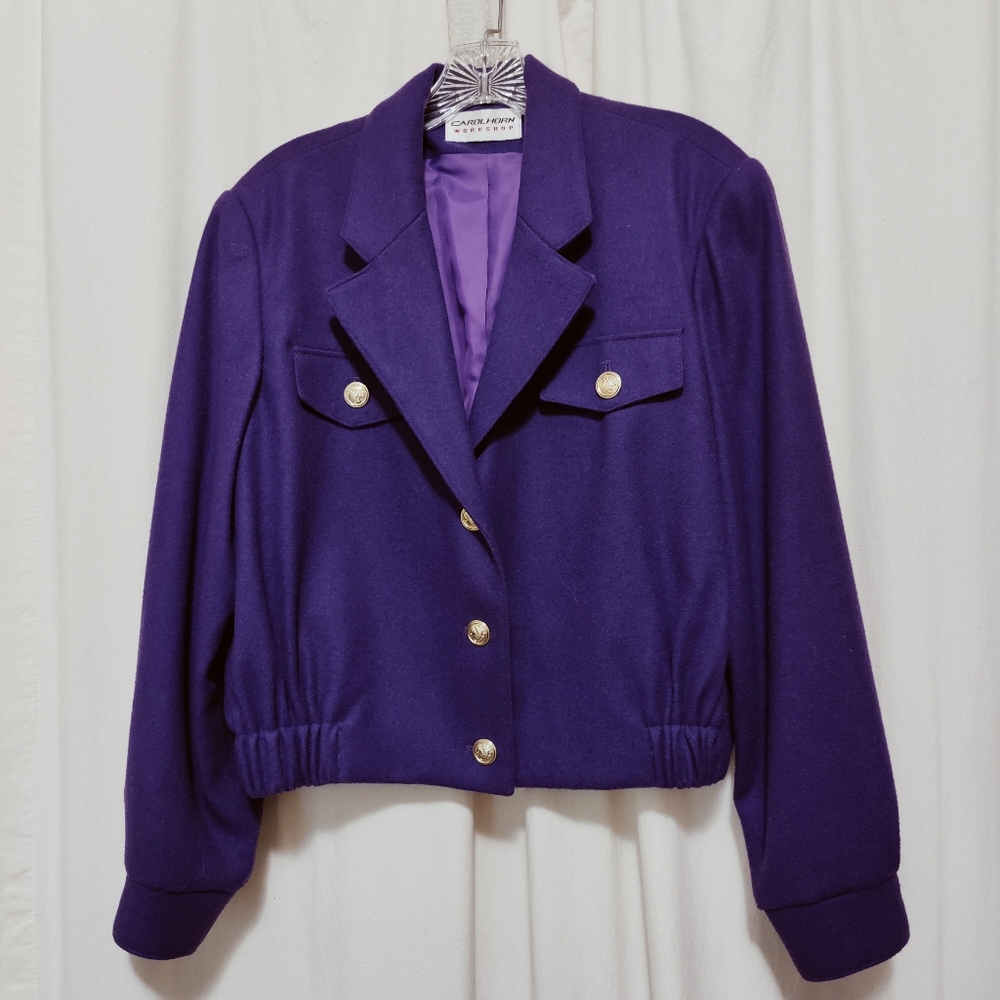 Vintage Carol Horn Workshop Purple Wool Bomber Jacket with Gold Buttons, Size 8